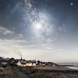 a beautiful double exposure of the astronomy picture of the day, nebula, a rural seaside village, landscape at night, soft white light, muted, neutral light, light blue tones, chimney smoke, long exposure clouds, watercolour painting, rule of thirds, golden ratio