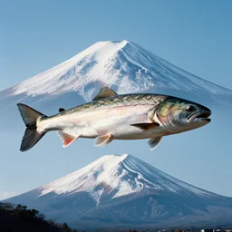 An analog color photography of a gigantic fish hovering over mount Fuji. cinematic. hq. detailed. realistic. photoreal.