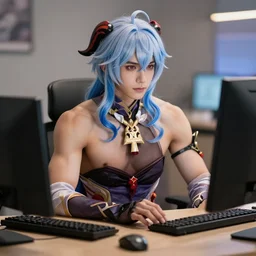 30 year old muscular man dressed as ganyu from genshin, sitting at a computer, hyper realistic photorealistic