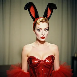film photography of captain christina hendricks as jessica rabbit, head and shoulders photography. red sequin ballgown dress. kodak ektar 4 0 0. canon f 1. 2. detailed, realistic