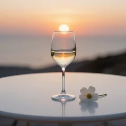 5 5 mm photo of glass of white wine with flower on a zen minimalist round white table with marmalade sunset in the background. highly detailed 8 k. intricate. lifelike. soft light,