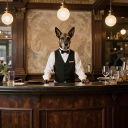 a dog - headed waiter at the reception of a fancy restaurant