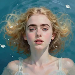 a beautiful blonde queen girl lily collins, floating under the deep dream water, beautiful smooth soft light + white petal, oil paint, octane render, unreal engine 5, closeup, 4 k, highly detailed, instagram,