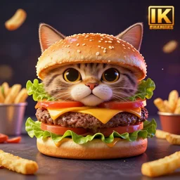 a cat burger hybrid, with fries, volumetric lighting, 4 k