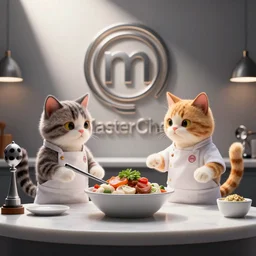 anthropomorphic cats competing at masterchef, studio shot