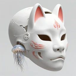 3 d close - up goddess skull liminal broken in to pieces fractured human skull, jellyfish, beautiful intricately detailed japanese crow kitsune mask and clasical japanese kimono highly detailed. iridescent accents. by wlop, tooth wu, greg rutkowski, alena aenami, beeple, octane render, ray tracing. teal and gold