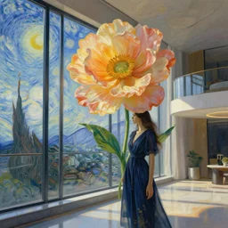 giant flower under head, woman next to modern windows, luxury apartment, surreal photography, dramatic light, impressionist painting, digital painting, artstation, van gogh