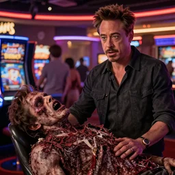 robert downey jr. starring in weekend at bernie's 3, robert downey jr with rotten flesh, bernie's rotting corpse in a vegas casino.