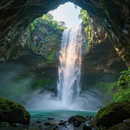 a beautiful and stunning professional digital artwork of a humongous pyrite cave, haze, waterfall, volumetric lighting, hyperrealistic, green, blue, sunset, unreal engine 5, ultra detail
