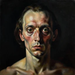 oil painting with black background by christian rex van minnen rachel ruysch dali todd schorr of a symmetrical chiaroscuro portrait of an extremely bizarre disturbing mutated man with acne intense chiaroscuro cast shadows obscuring features dramatic lighting perfect composition masterpiece