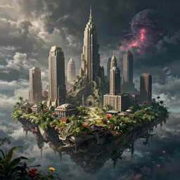 a beautiful photorealistic render of entrie abandoned city by vija celmins, architecture island vice city biopunk evil at fall apocalyptic azeroth hyperrealism dieselpunk bioshock junglepunk cosmic cloudy night synthwave matte painting sunlight retro flowers, archdaily, wallpaper, highly detailed, trending on artstation.