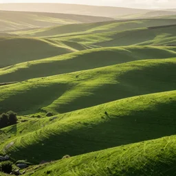 a beautiful photograph of green rolling hills, sunny, ireland, soft lighting, ultra wide angle lens