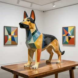 beautiful gallery show studio photograph of a giant realistic geometric ceramic sculpture of a german shepherd dog!!!!, heavily glazed by bridget riley and victor vasarely, placed on a polished wooden table, colorful hyperrealism 8 k trending on artstation