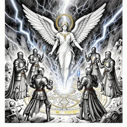 an elegant archangel getting summoned from a group of temple knights, summoning circle, thunderstorm, highly intricate detailed colored ink drawing