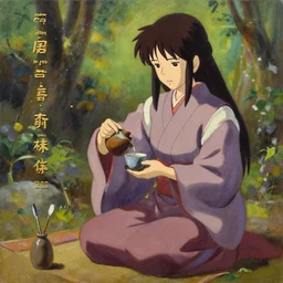 baroque! oil painting of anime key visual environment concept art of anime! shinto priestess pouring a cup of tea, sat in seiza position, award winning anime, trending on artstation, palette knife! and brush strokes, oil on canvas, makoto shinkai greg rutkowski studio ghibli