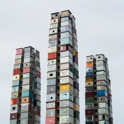 towers made up of colourful makeshift squatter shacks with glass facades, mamiya, 8 5 mm, uniform plain sky, fine details, photographed by julie blackmon