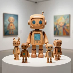 8 k photorealistic, a wooden art toys on a pedestal, cute robot wooden, cyberpunk, concept art, contemporary art gallery, art by giraud, jean