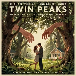 poster artwork by Michael Whelan and Tomer Hanuka, Karol Bak of Naomi Watts & Philip Seymour Hoffman falling in love, hands from the trees reach out to ruin their romance, from scene from Twin Peaks, clean, simple illustration, nostalgic, domestic, full of details