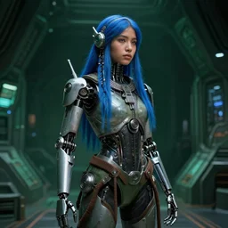 concept art of beautiful futuristic himba girl with robotic arms and blue hair in a dark green space station, hyperrealistic, sci - fi