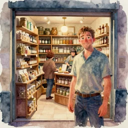 bustling busy small shop shelves neat cannabis samples interior design, aussie, environment portrait watercolor drawing by steve hanks, australia tv still render by pixar