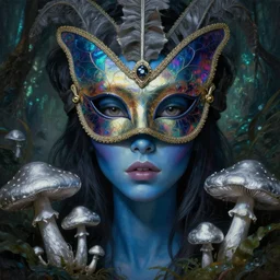 a close - up neoclassicist portrait of a big - eyed alien girl with blue skin wearing an iridescent venetian carnival butterfly mask surrounded by silver mushrooms in a jungle. reflective textures. glowing fog in the background. highly detailed fantasy science fiction painting by norman rockwell, frank frazetta, and syd mead. rich colors, high contrast, gloomy atmosphere, dark background. trending on artstation