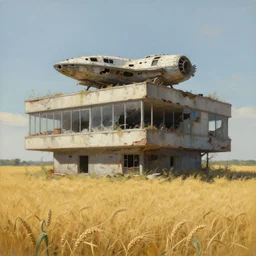 A fantastic painting of a dilapidated post-modern building on a wheat field with an abandoned spaceship parked on the roof of the building, by Miles Johnston, Trending on artstation, very detailed