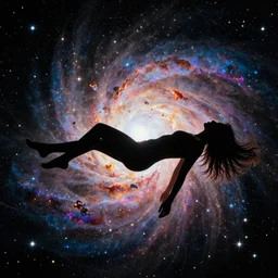 silhouette of a girl laying horizontally but floating and exploding into incredible stars and nebula, digital art trending on artstation