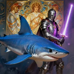 blue thresher shark head, knight armor, lightsaber, thresher shark human hybrid, fantasy, digital painting, dramatic lighting, vibrant setting, realistic shading, unreal engine 5, concept art, ultra detailed, intricate environment, ilya kuvshinov, artgerm, alphonse mucha, and greg rutkowski