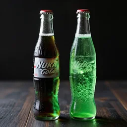 product still of a bottle of nuka cola with a glass filled with glowing green bubbling liquid beside it, 8 5 mm f 1. 8