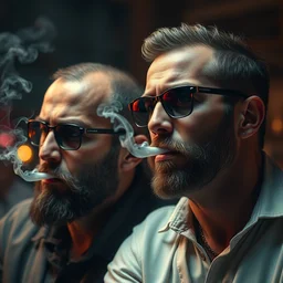 two men with extremely cool eyebrows smoking casually, realistic 4 k octane beautifully detailed render, 4 k post - processing, highly detailed, intricate complexity, epic composition, magical atmosphere, cinematic lighting, masterpiece, ultra hd