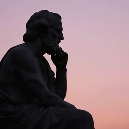 a silhouette photograph of socrates thinking deeply against the pink sky, realistic, ultra detailed