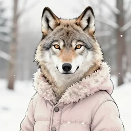 Beatiful portrait of an anthro wolf wearing a cute cozy soft pastel winter outfit winter Atmosphere. detailed, inked,