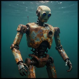 a photograph of a robot endoskeleton submerged and rusted in the water, cinematic, volumetric lighting, f 8 aperture, cinematic eastman 5 3 8 4 film, photorealistic by greg rutkowski, by stanley artgerm, by alphonse mucha
