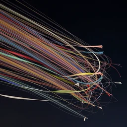 millions of thin threads of colorful fabric flow sideways and unravel, twist, and whirl confusingly in strong winds across a dark night sky, unreal engine