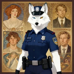 anthropomorphic female wolf police officer with white fur. Renowned character illustration by greg rutkowski, thomas kindkade, alphonse mucha, loish, norman rockwell. Trending on furaffinity.