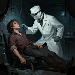 a plague doctor experimenting on his patient in a darkly lit dungeon, concept art wlop artstation trending