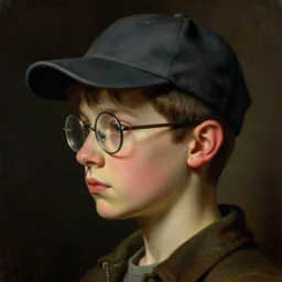 a neoclassicist sci close - up side profile portrait of a retrofuturistic boy wearing a baseball cap and glasses. renaissance portrait painting. highly detailed science fiction painting by norman rockwell, frank frazetta, and syd mead. rich colors, high contrast, gloomy atmosphere, dark background. trending on artstation