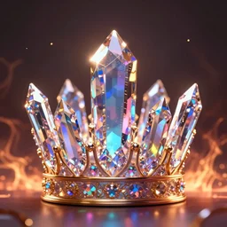 Crown of the technological gods containing iridescent crystals, fire glowing background, photographic award winning beautiful render