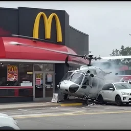 cctv footage of a helicopter crashing into a McDonald's store.