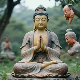 contented peaceful bodhisattva, praying meditating, in a scenic environment, by james christensen and alan bean