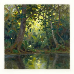 oil painting lanscape by anders zorn, jungle nature, fruit trees, very very very very beautiful art, dramatic light, water reflections, aquarelle paint splashes, white painted border