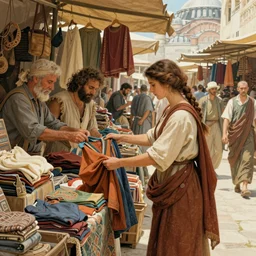 illustration of a woman at a marketplace in ancient byzantium, she is buying clothes from a merchant, hyper realistic, by conrad roset and ruan jia and michael garmash and james gurney and bussiere.