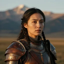 head and shoulders portrait of a female knight, worked leather armor, steppe nomad, photography by jimmy nelson, dramatic mountain background, golden hour, hq