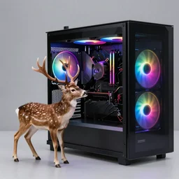 Deer playing on a rgb gaming computer, photograph, high quality, detailed, sharp