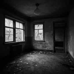 a very dimly lit room in a derelict house, black and white, grungy