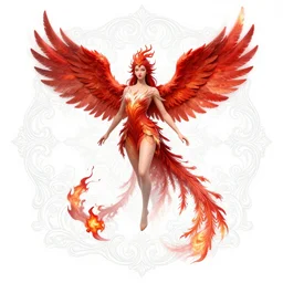 full - body red fire phoenix goddess, wisdom, good and evil, scrollwork + rococco + baroque + white ink + magical + detailed intricate + heraldic design + atmosphere + by peter mohrbacher and kentaro miura + high details, in the style of jean delville, artstation, 8 k, tarmo juhola, ivan laliashvili, james gurney, moebius, roger dean, wlop, victo ngai, 4 k, cinematic