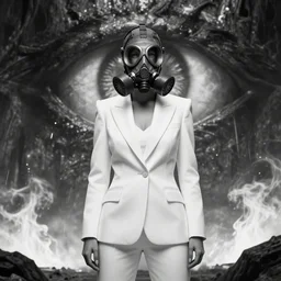 agent woman with white suit, she wear gasmask, in mordor, standing close to Sauron's eye, fire raining, professional photography, black and white, cinematic, eerie