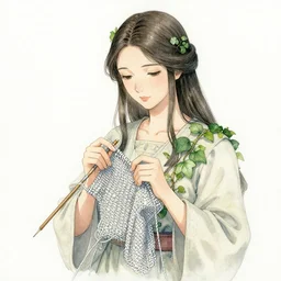 priestess of knitting and ivy. watercolor and silver leaf by award - winning mangaka, gothic horror, romanticism, intricate details, depth of field, backlighting