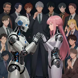 male cyborg proposing to female android, by gaston bussiere, anna nikonova aka newmilky, greg rutkowski, yoji shinkawa, yoshitaka amano, tsutomu nihei, muira, moebius, donato giancola, trending on artstation, featured on pixiv h - 1 0 2 4