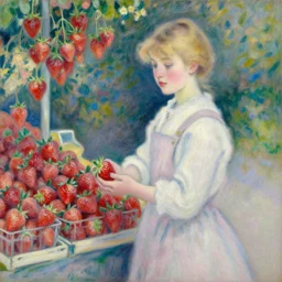 Cute Blonde Girl with locks sells Strawberries in a fruit stand, oil on canvas, Impressionism